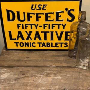 Antique 1900s tin Duffee's 50/50 Laxative Tonic Tablets Sign. 14 x 9 1/2